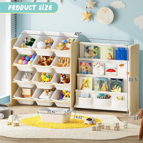 EXPERLAM Kids Toy Storage Organizer - Toy Organizer with Bookshelf, Toy Storage with 12 Toy White Bins and 4 Book Shelves