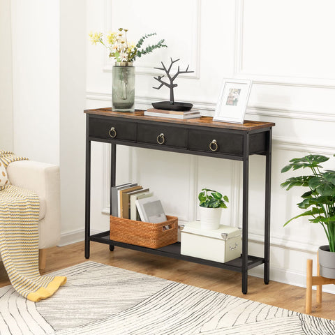 HOOBRO Console Table, Hallway Table, Slim Sofa Table with 3 Non-woven Drawers, Metal Mesh Frame, Sturdy, Narrow Side Table for Small Spaces, Entrance