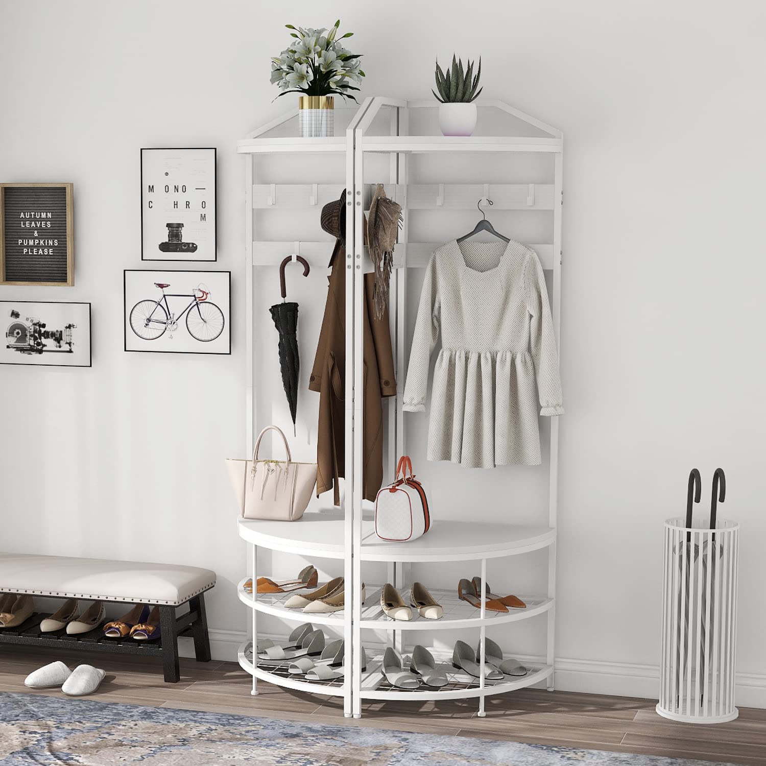 VEDECASA Metal Coat Rack - Corner - Hallway Tree - Freestanding Garment Rack with 12 Movable Hooks and Storage Shelf for Hallway, Living Room