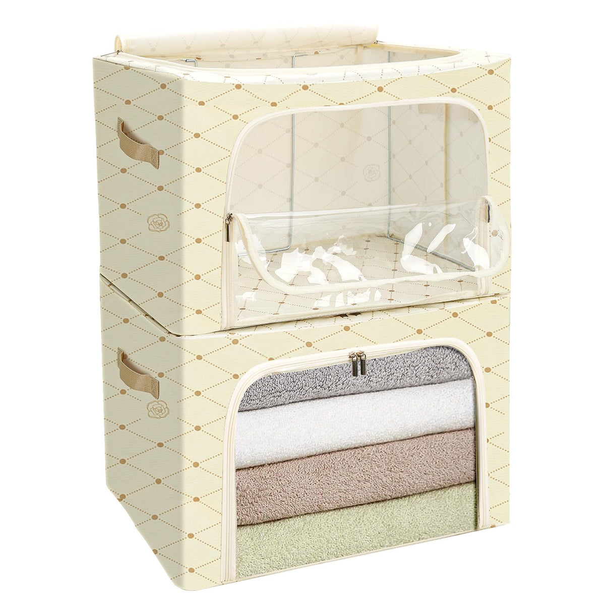 Cozary 66L Storage Box with Lid, Storage Bag for Duvets with Zips, Metal Frame, Sturdy Foldable Clothes Storage Box for Clothes