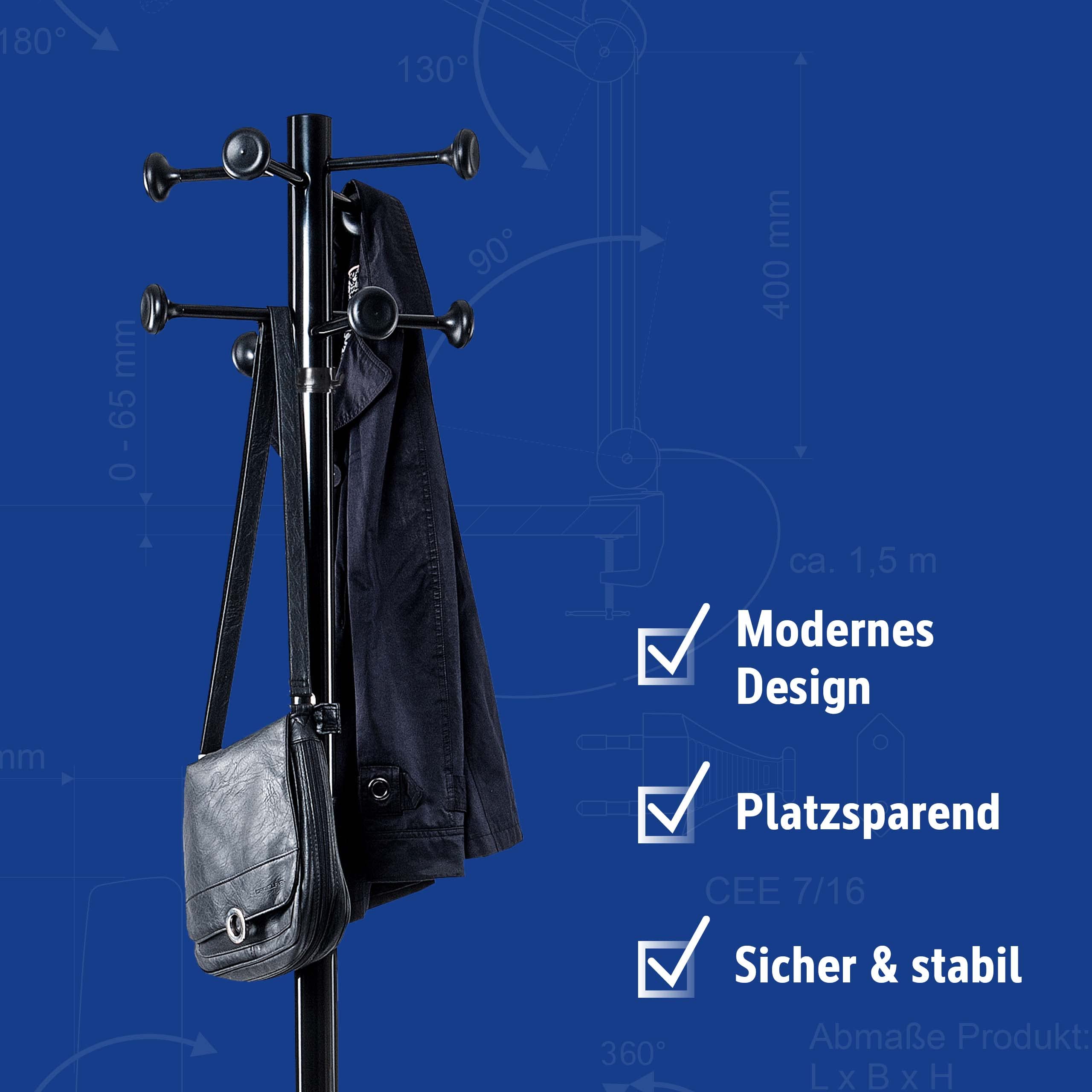 Maul Coat Stand Height 175 cm Free-Standing Rotating Clothes Stand with 16 Hooks Sturdy Steel Black Gloss