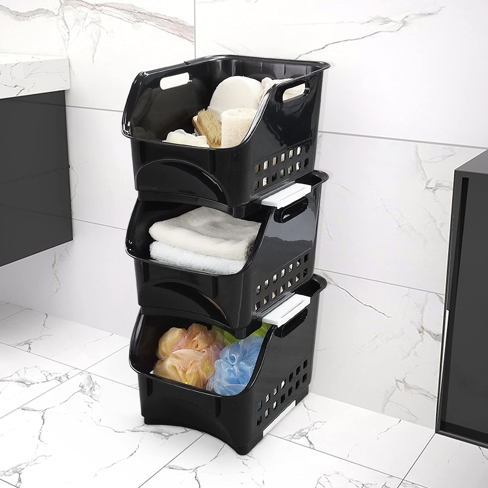 Morcte 3 Tier Stacking Baskets Storage Veg Rack Plastic Stackers, Black