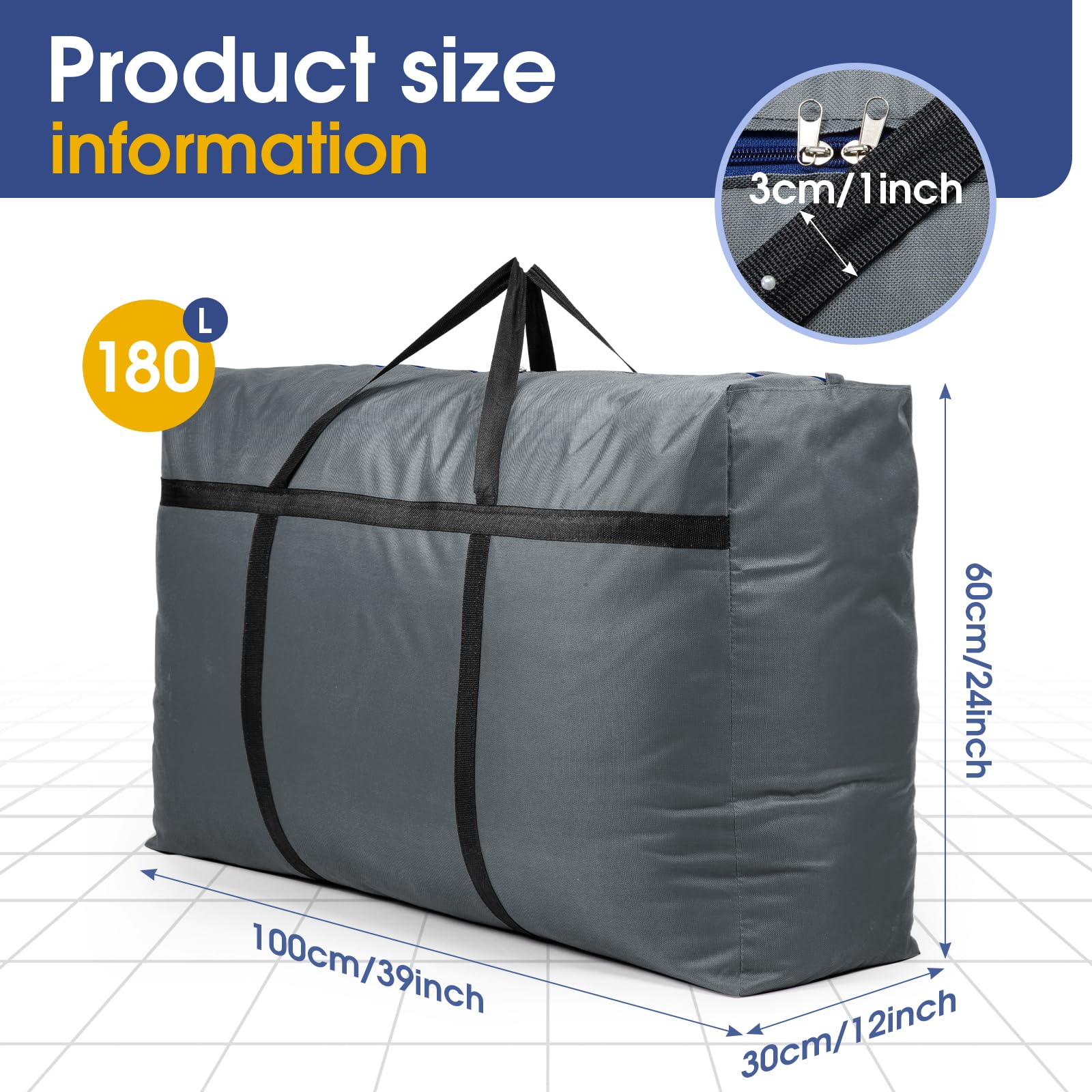 YiMiLiu 180L Extra Large Storage Bag Waterproof Luggage Bag Heavy Duty Moving Bag (Grey)