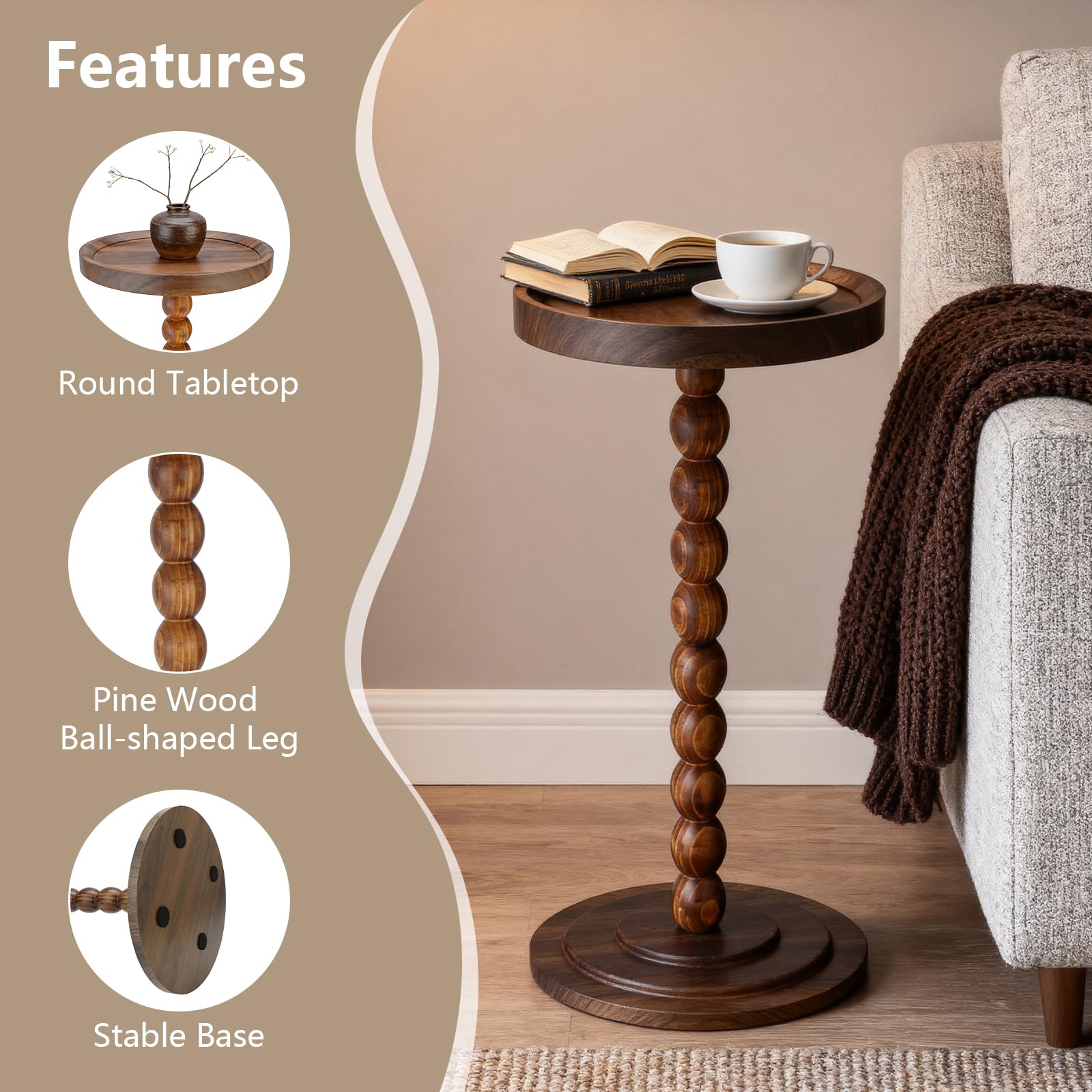YYW Round Side Table, C Table End Tables for Sofa, Small Bedside Table (Walnut)