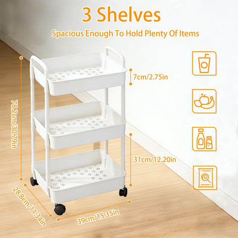 YiZhou 3-Tier Storage Trolley on Wheels with Handle, Metal & Plastic Kitchen Utility Cart, Slim Rolling Mobile Shelving Organizer for Bathroom