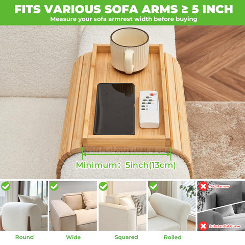 LOVYANXUE Bamboo Sofa Arm Tray, Anti Falling Couch Arm Tray Table, Foldable Couch Armrest Table, Portable Sofa Armrest Trays Cup Holder for Drink
