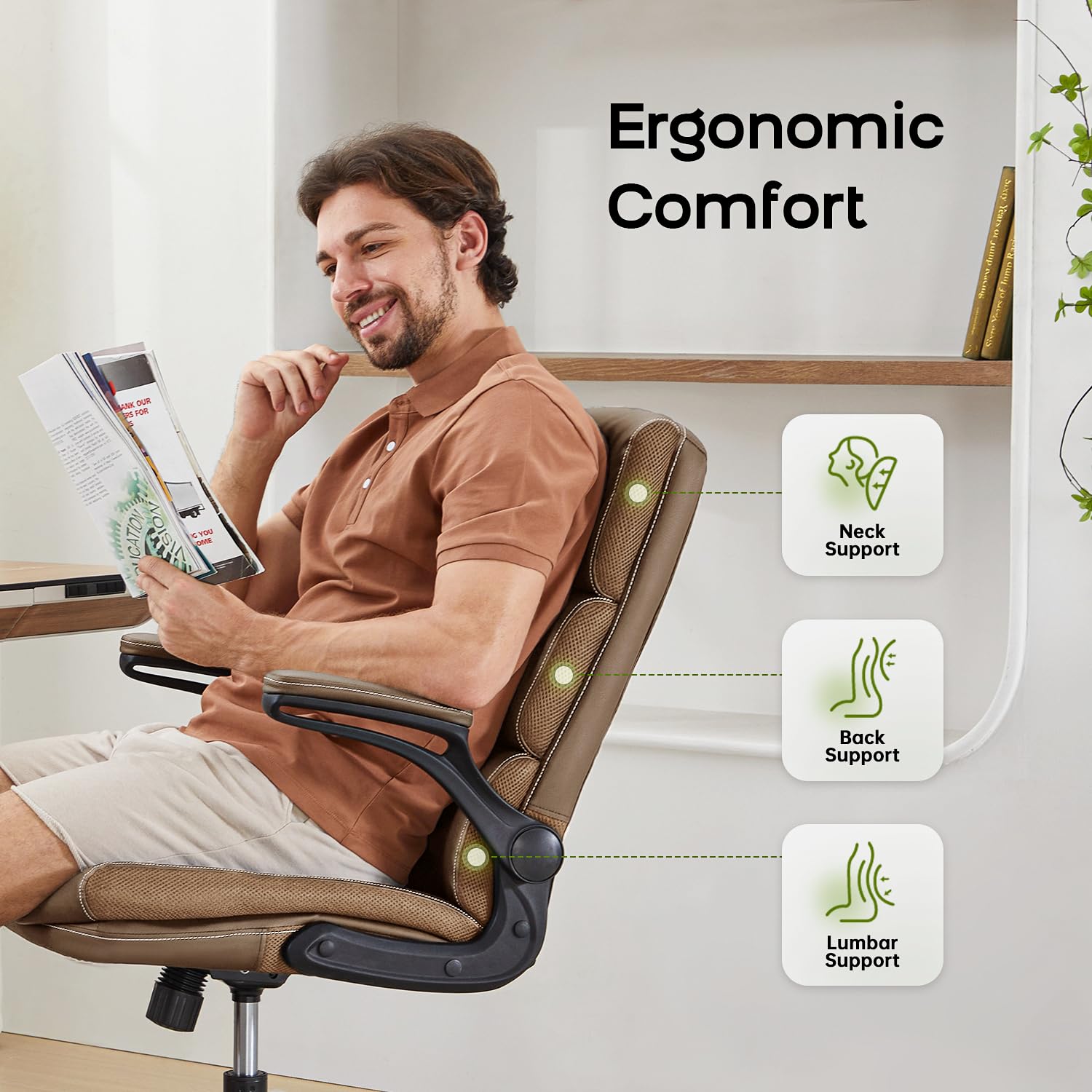 LukkDys Executive Office Chair with Flip-Up Armrests, 3-Stage Lumbar Support, Ergonomic Mid Back PU Leather Swivel Chair