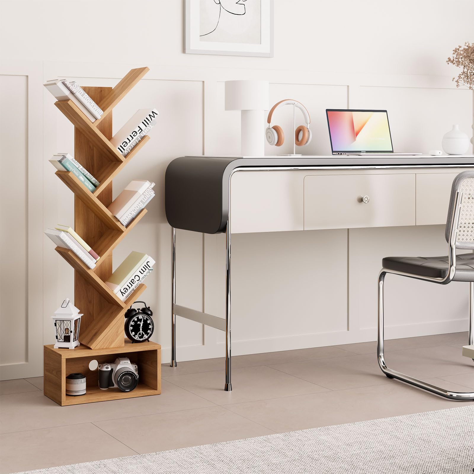 YMYNY 6 Tier Tree Bookshelf, Tall Bookcase, Wood Book Storage Rack with Drawer, Modern Floor Standing Book Shelf for Books/Movies/CDs