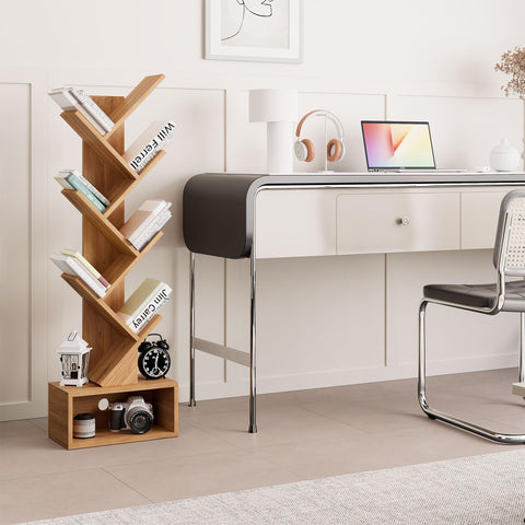 YMYNY 6 Tier Tree Bookshelf, Tall Bookcase, Wood Book Storage Rack with Drawer, Modern Floor Standing Book Shelf for Books/Movies/CDs