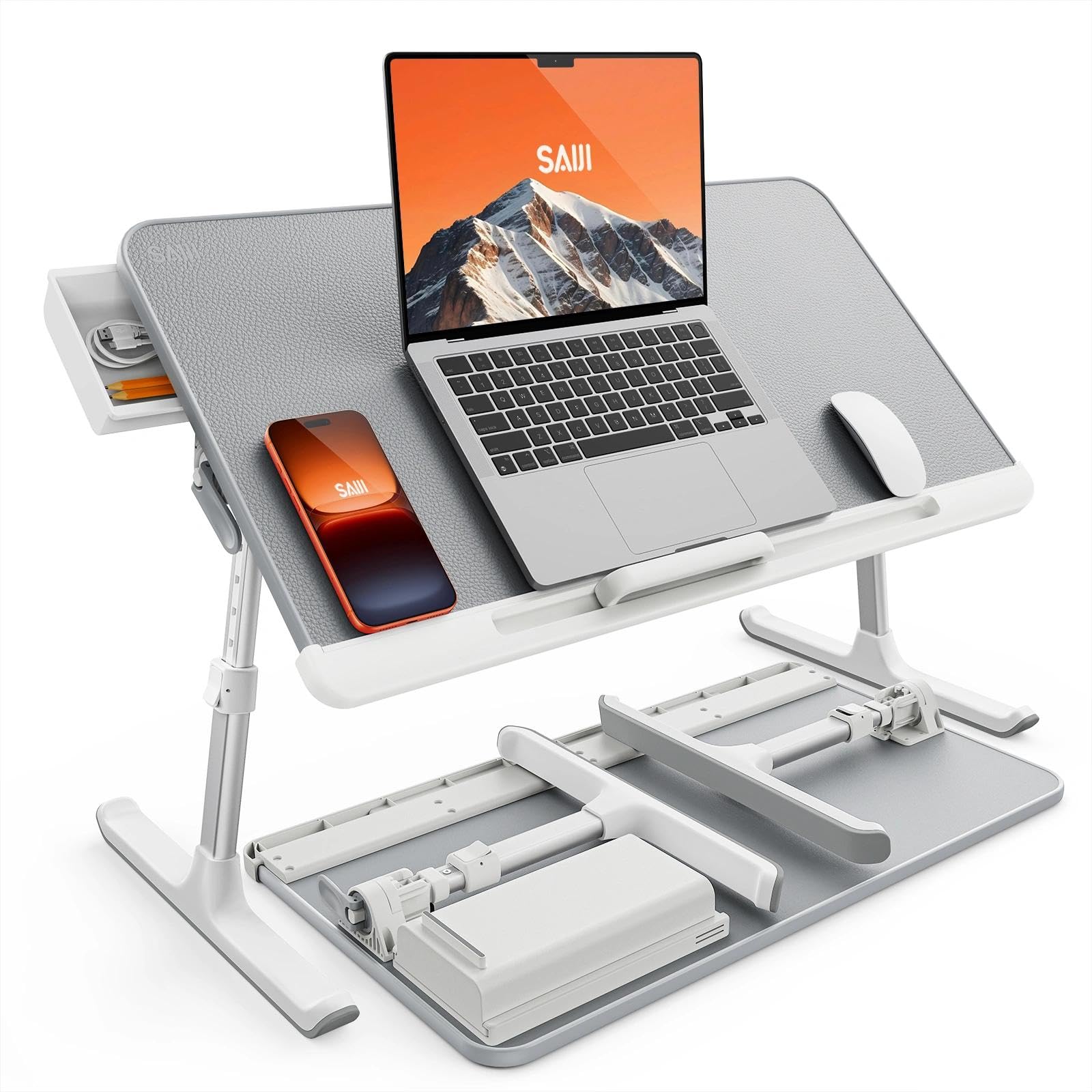 SAIJI Laptop Bed Tray Table, Adjustable PVC Leather Laptop Bed Table, Portable Standing Desk with Storage Drawer