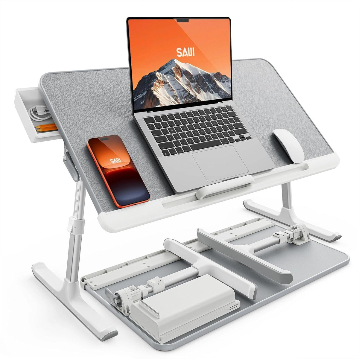 SAIJI Laptop Bed Tray Table, Adjustable PVC Leather Laptop Bed Table, Portable Standing Desk with Storage Drawer