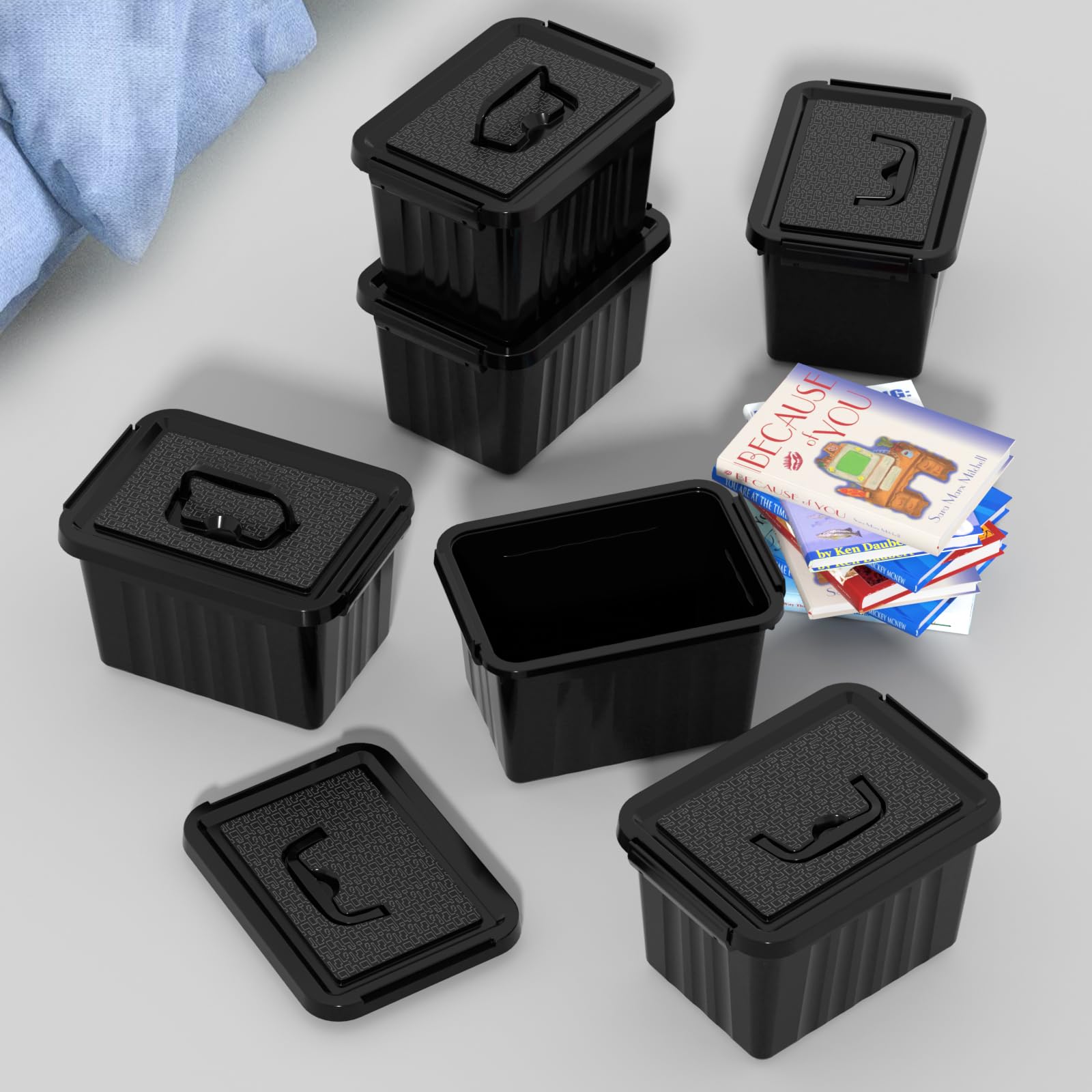 Xyskin 6L*6 Storage Boxes, Organizing Container with Handle and Secure Latching Buckles, Plastic Storage Box with Lid, Black