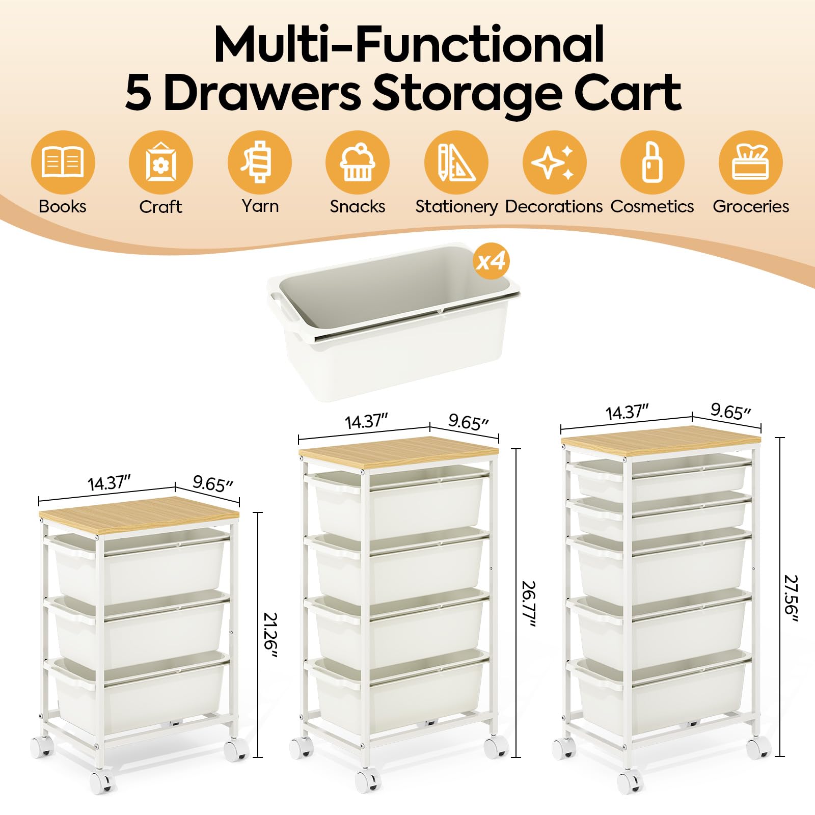 KINGBOARD 4 Drawers Storage Trolley on Wheels, White