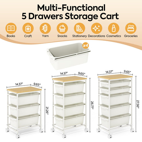KINGBOARD 4 Drawers Storage Trolley on Wheels, White