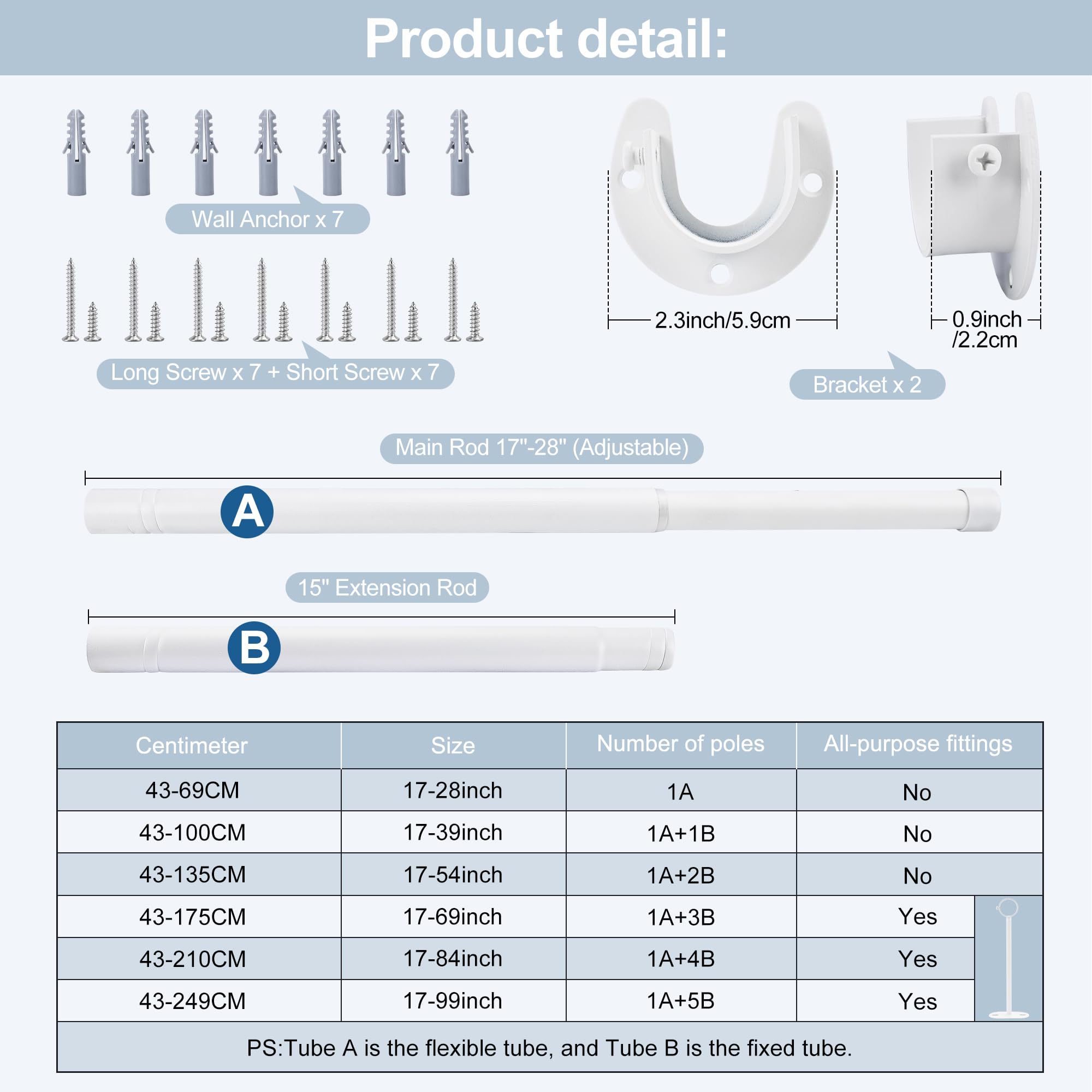 Wardrobe Rail,Extendable Clothes Rails, Stainless Steel adjustable wardrobe pole with Fixing Sockets and Screws for Wardrobe and Cupboard