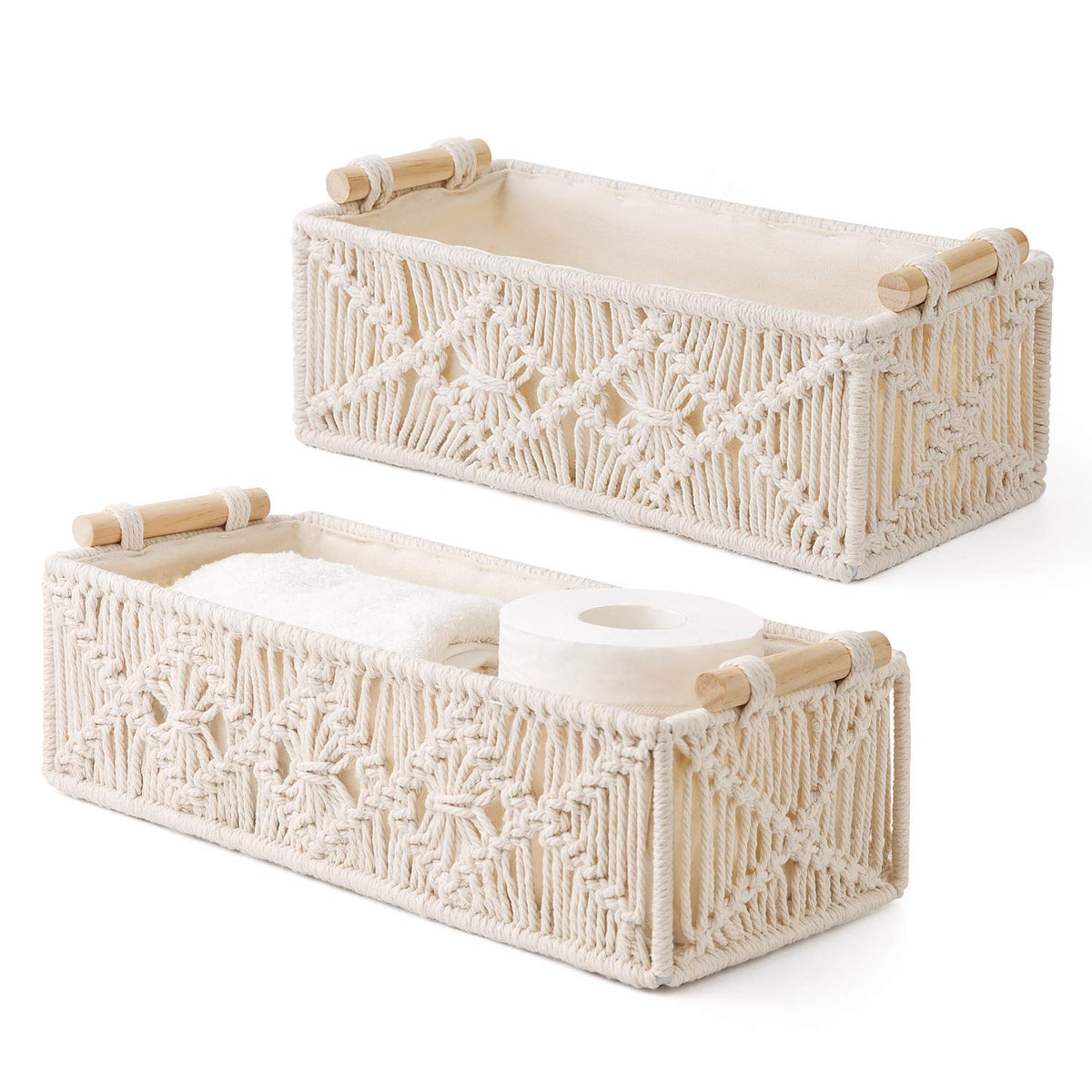 Mkono Macrame Storage Baskets Decor Box Handmade Woven Decorative Countertop Toilet Tank Shelf Cabinet Organizer Boho Decor for Bedroom Nursery
