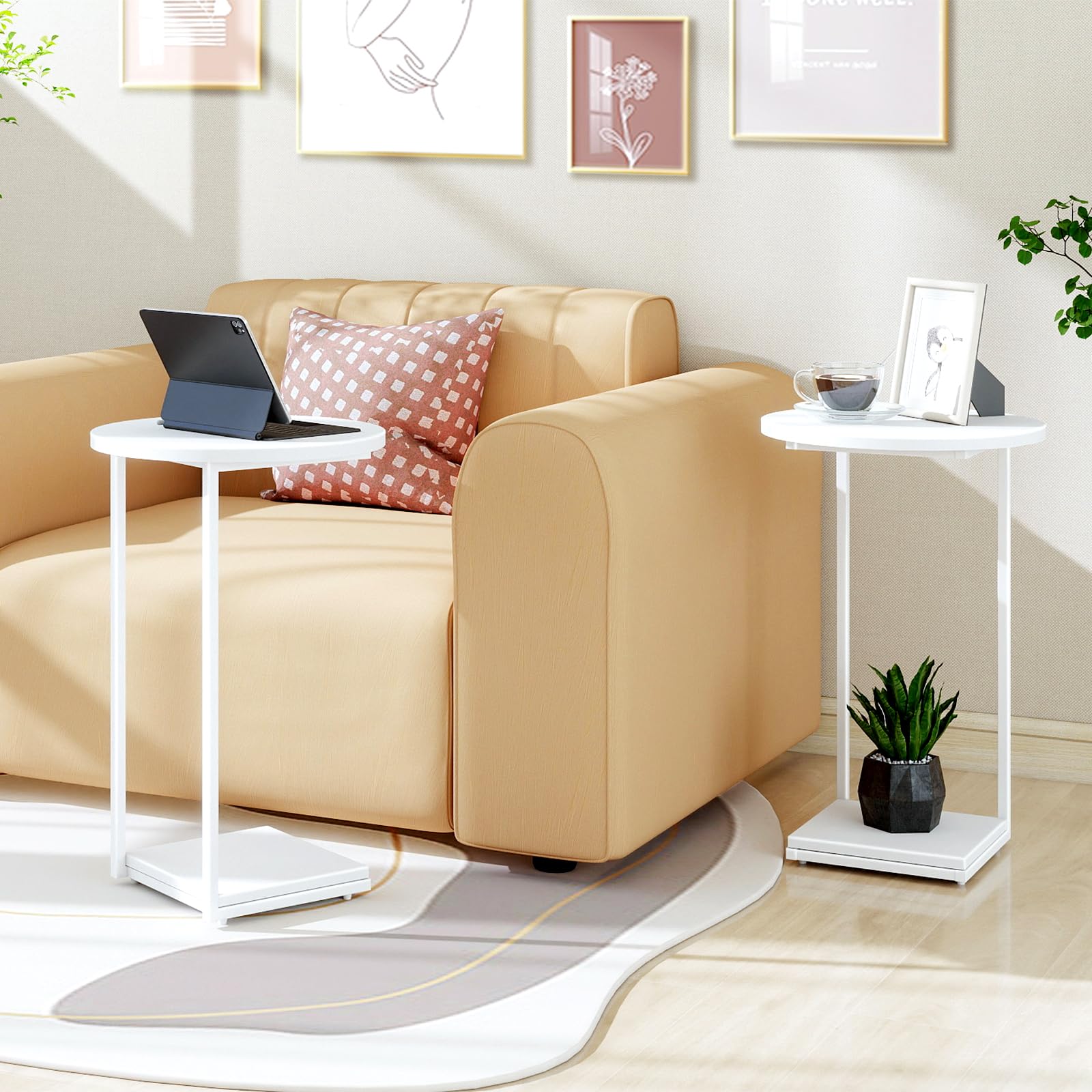 HDANI C-Shaped Side Table,Round End Table under Sofa,Bedside Table,Sofa Side Table with Metal Frame, Small Coffee Snack Table for Living Room