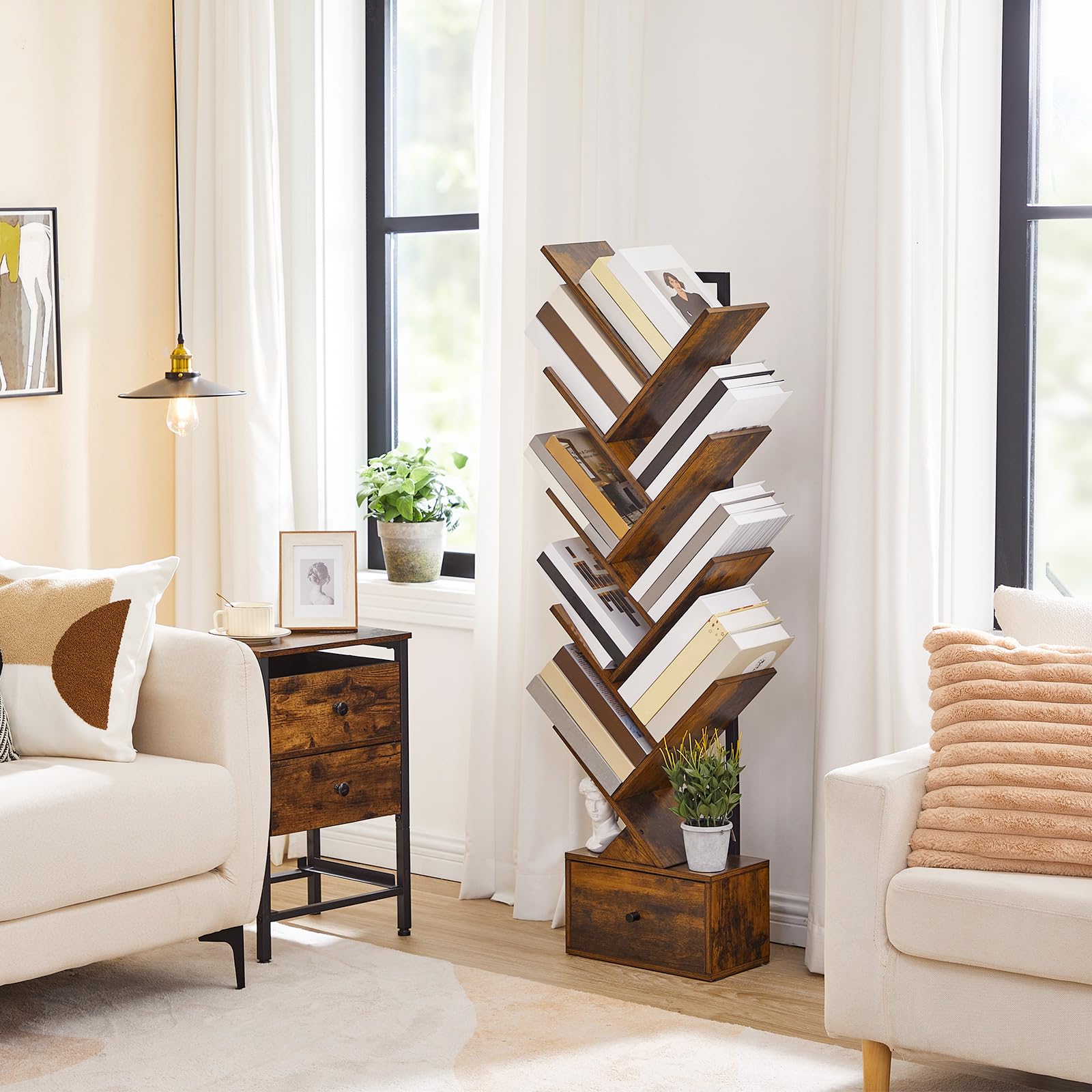 HOOBRO Tree Bookshelf with Drawer, 8-Tier Floor Standing Bookcase, Vertical Book Shelf, Book Storage Rack, for Living Room, Bedroom, Home Office