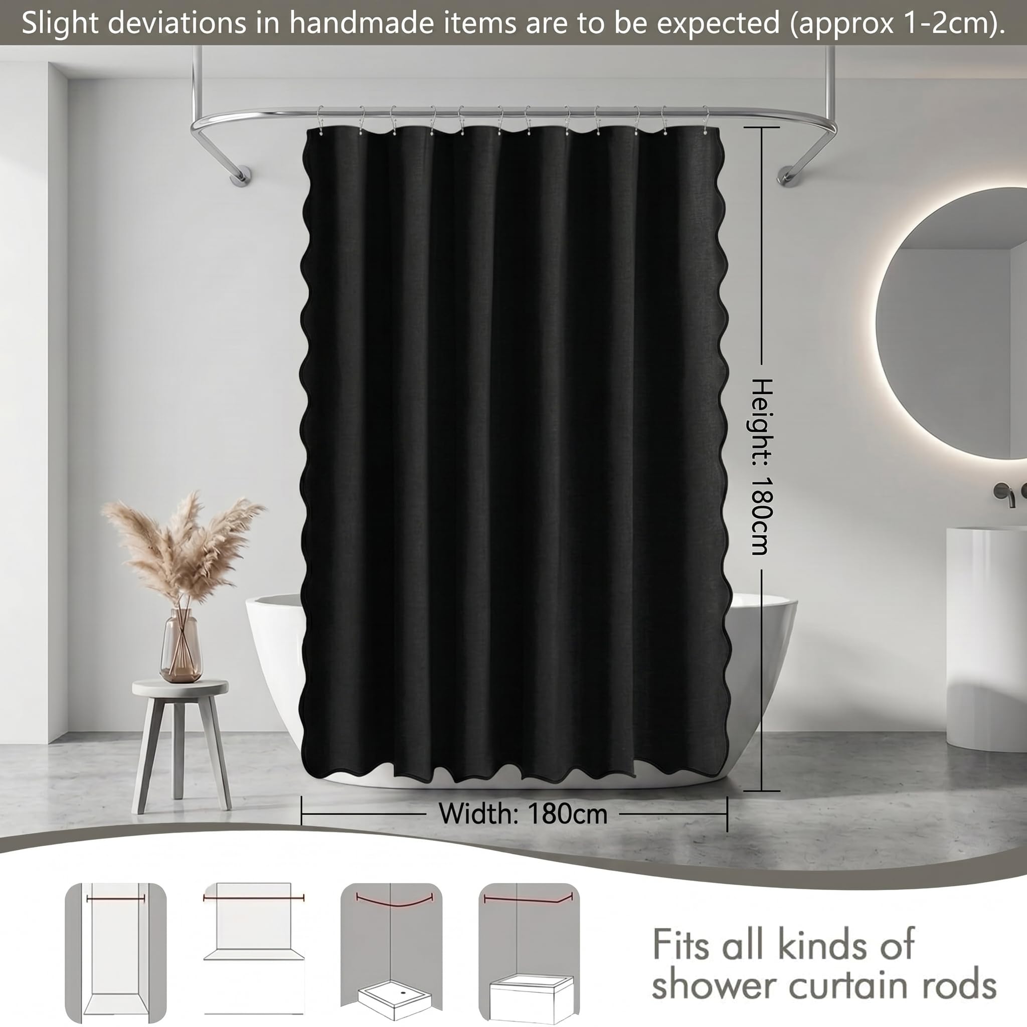 Bingobang Shower Curtain Scalloped Linen Waterproof Anti Mould, Black