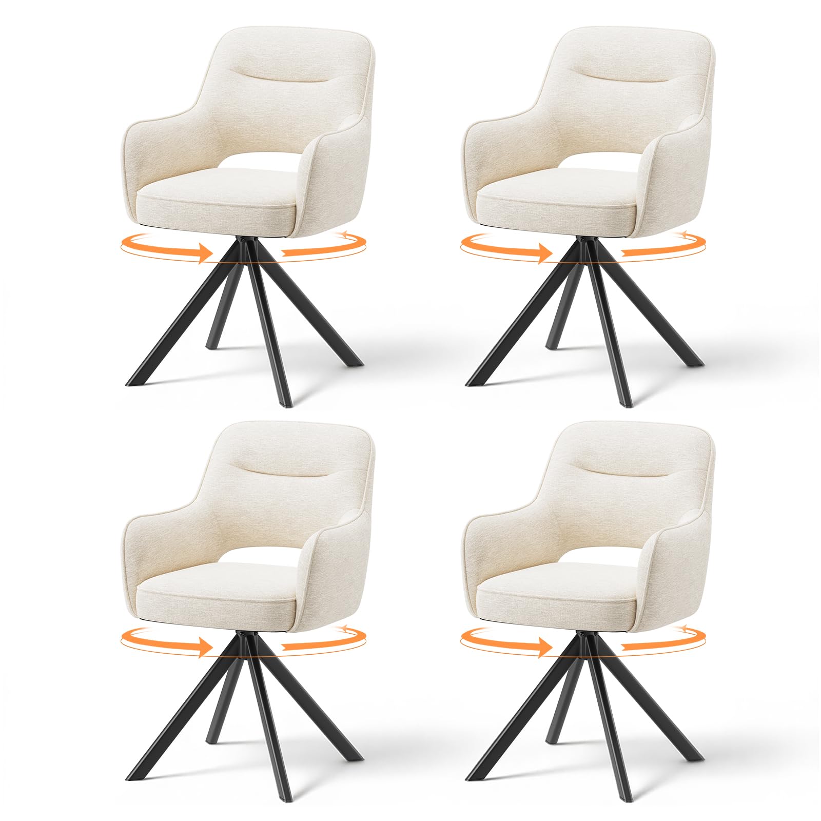 COLAMY 360°Swivel Dining Chairs Set of 4, Fabric Chairs for Dining Room with Armrests, Hollow Backrest and Thick Seat Cushion
