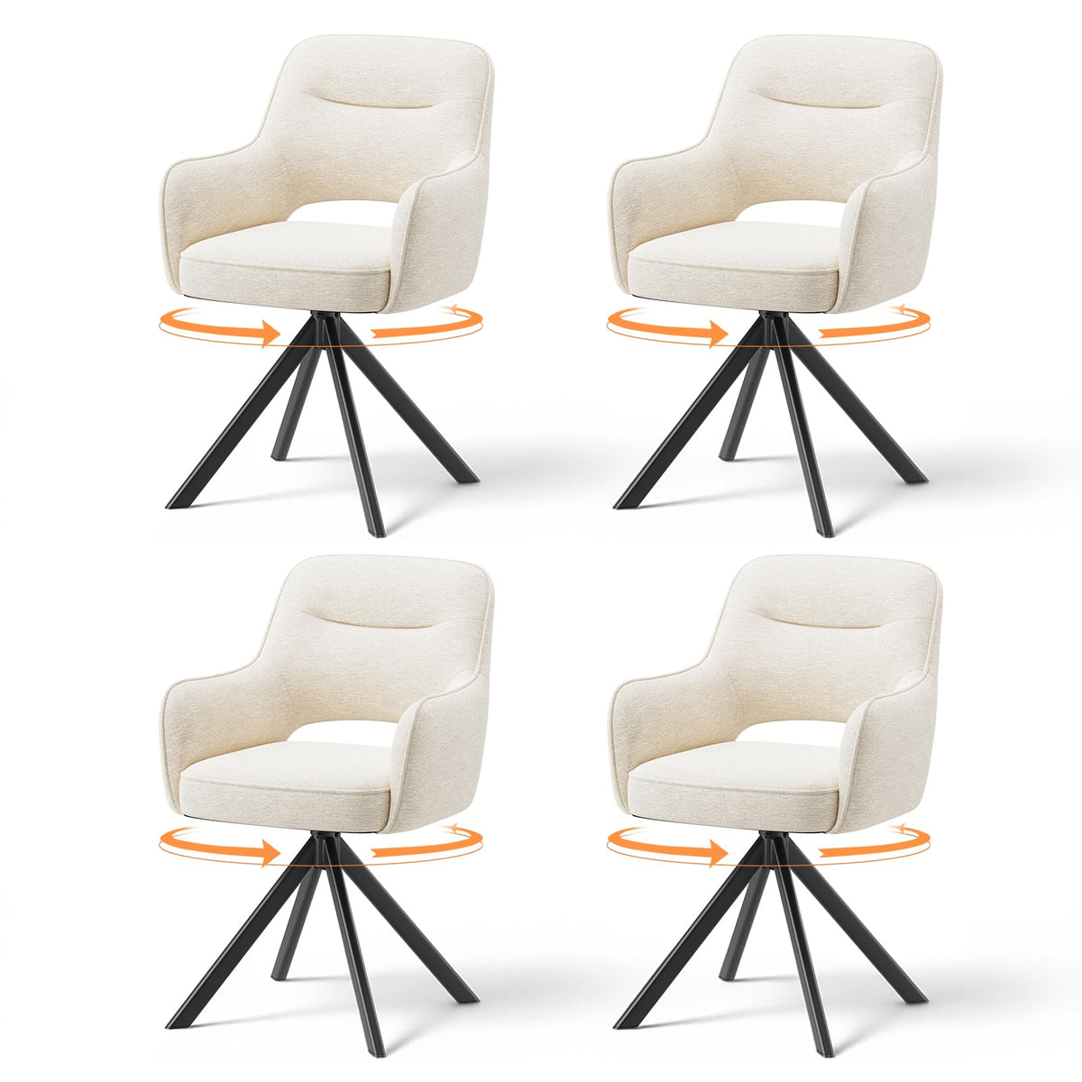 COLAMY 360°Swivel Dining Chairs Set of 4, Fabric Chairs for Dining Room with Armrests, Hollow Backrest and Thick Seat Cushion