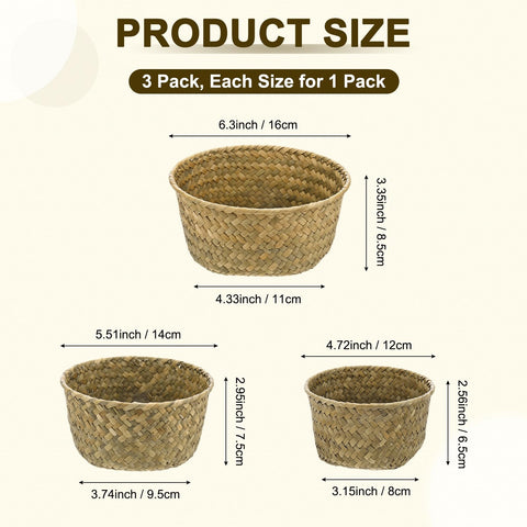 M METERXITY 3-Pack Natural Seagrass Woven Storage Basket, Small Round Storage Seaweed Woven Sundries Baskets for Fruit/Kitchen/Desktop/Household