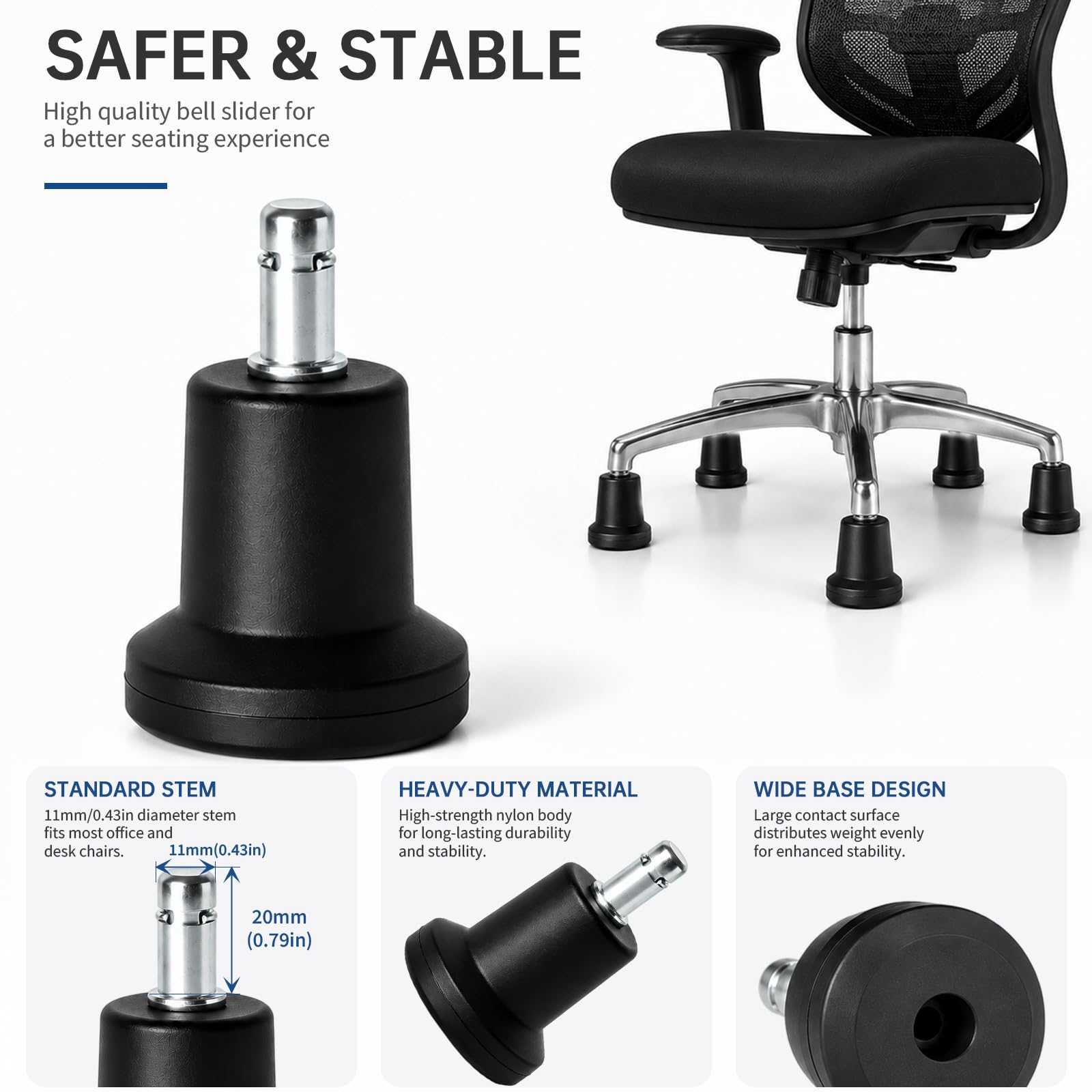 5Pcs High Profile Bell Glides Replacement Stool Swivel Caster Wheels or Office Desk Chair