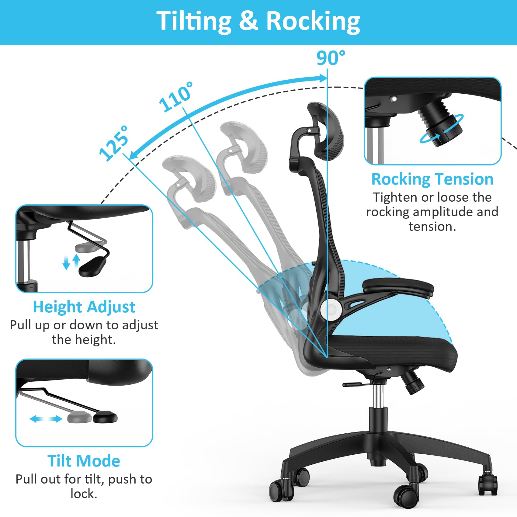 Feonase Ergonomic Office Chair with Adjustable Headrest and Lumbar Support, Mesh Back, Flip-up Armrests and Rocking Function