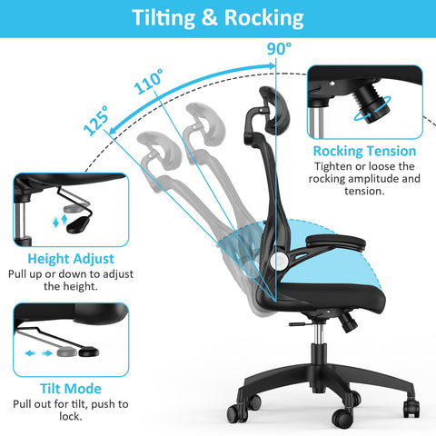 Feonase Ergonomic Office Chair with Adjustable Headrest and Lumbar Support, Mesh Back, Flip-up Armrests and Rocking Function