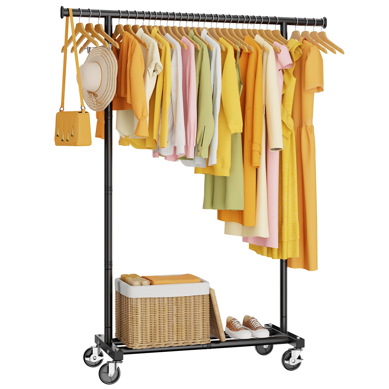 HYSEYY Heavy Duty Clothes Rail, Rolling Clothes Rack, Clothing Rail with Lockable Wheels & Shelf, Sturdy Clothing Rack for Bedroom, Laundry Room