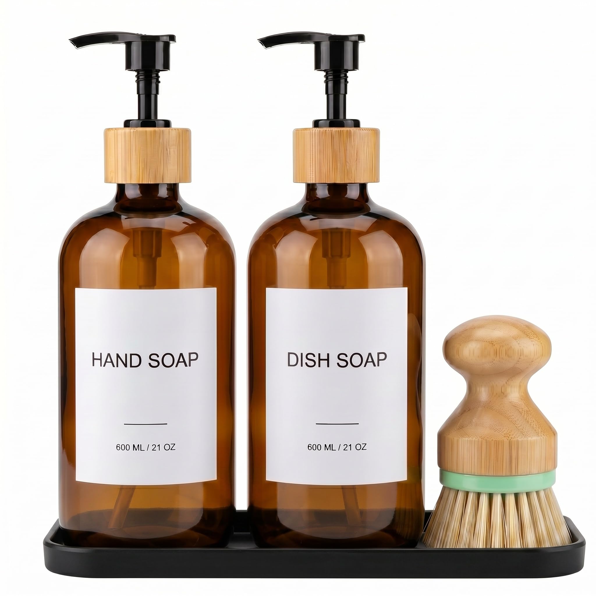 Hand & Dish Soap Dispenser with Dish Brush, Washing Up Liquid Dispenser Set 600ml/21oz, PET Plastic Bottle with Bamboo Pump