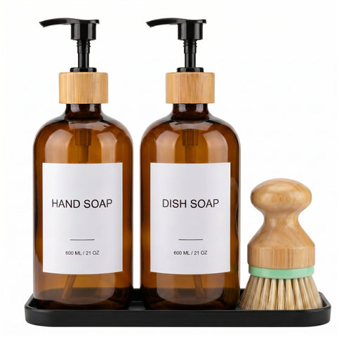 Hand & Dish Soap Dispenser with Dish Brush, Washing Up Liquid Dispenser Set 600ml/21oz, PET Plastic Bottle with Bamboo Pump