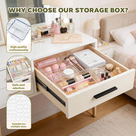 Ribech 12-Piece Drawer Organiser Set, 4 Sizes with 50 Non-Slip Dots, Stackable Storage Boxes for Makeup, Kitchen, Bathroom & Office, Crystal Clear