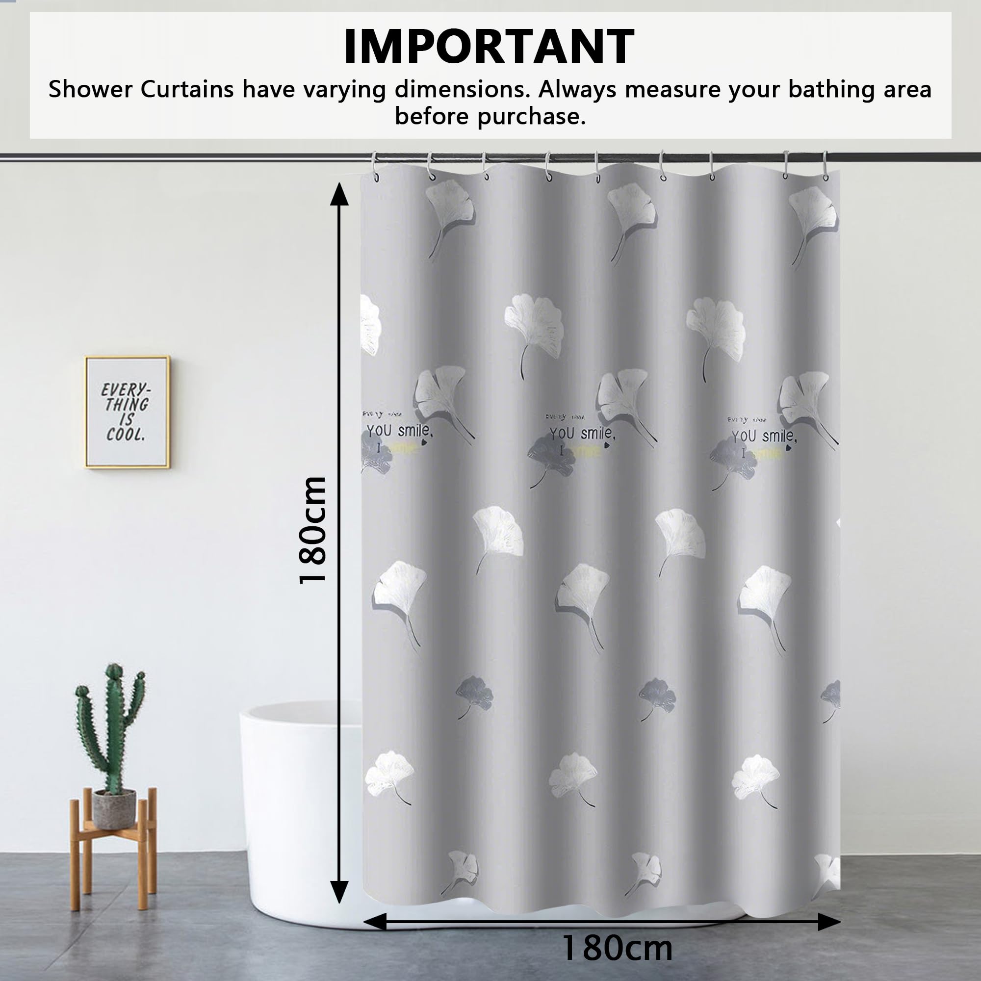 KAIMEIYU Shower Curtain Polyester Bath Curtains Heavy Duty with 12 Hooks Bathroom Curtain Washable Waterproof for Bathtub and Bathroom 180X180CM Grey