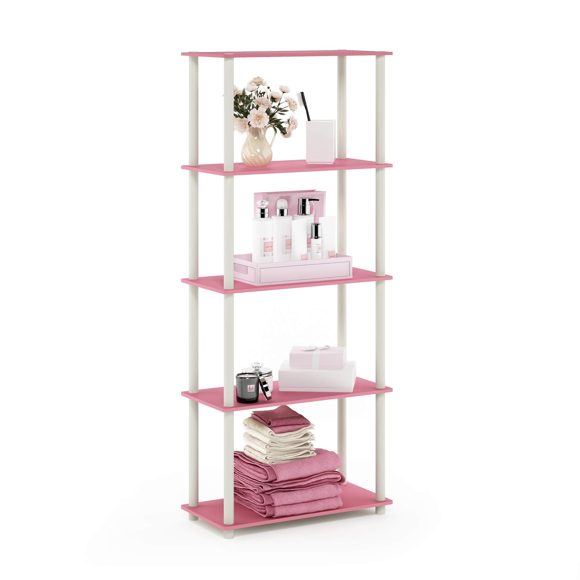Furinno TURN-N-TUBE Toolless Assembly 5-Tier Storage Shelves, Pink Book Shelf, Open Storage Bookshelf, for Organization and Storage, Living Room