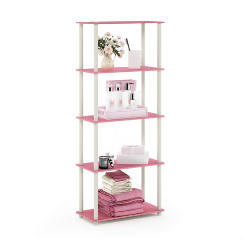 Furinno TURN-N-TUBE Toolless Assembly 5-Tier Storage Shelves, Pink Book Shelf, Open Storage Bookshelf, for Organization and Storage, Living Room