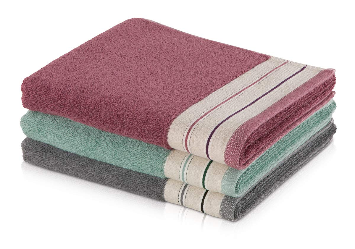 Möve Bohème Double face with striped border Towel 50 x 100 cm, Towel - Made in Germany, 85% cotton 15% linen, Tea/Nature