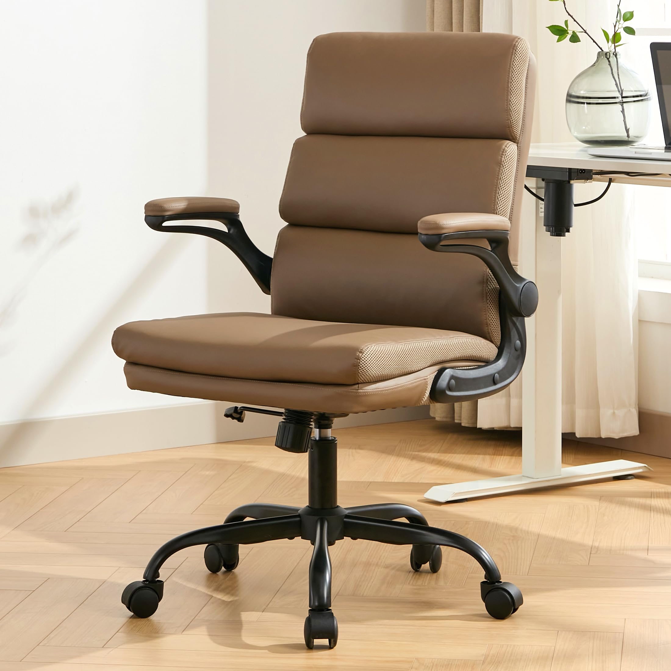 LukkDys Executive Office Chair with Flip-Up Armrests, 3-Stage Lumbar Support, Ergonomic Mid Back PU Leather Swivel Chair