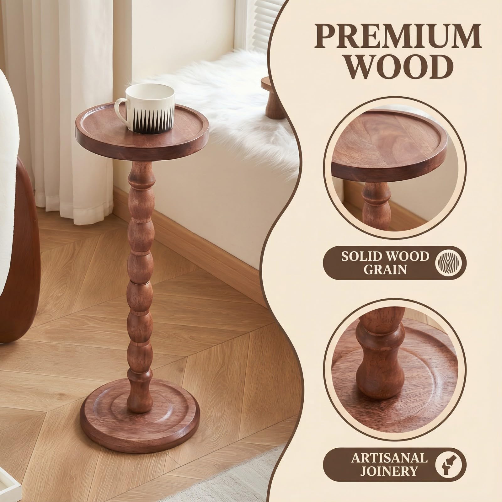 Perclyzm Solid Oak Wood Round Side Table, Rustic Brown Tall Pedestal Drinks Table, Dark Walnut Finish, Tray Top for Living Room, Sofa, Bedroom