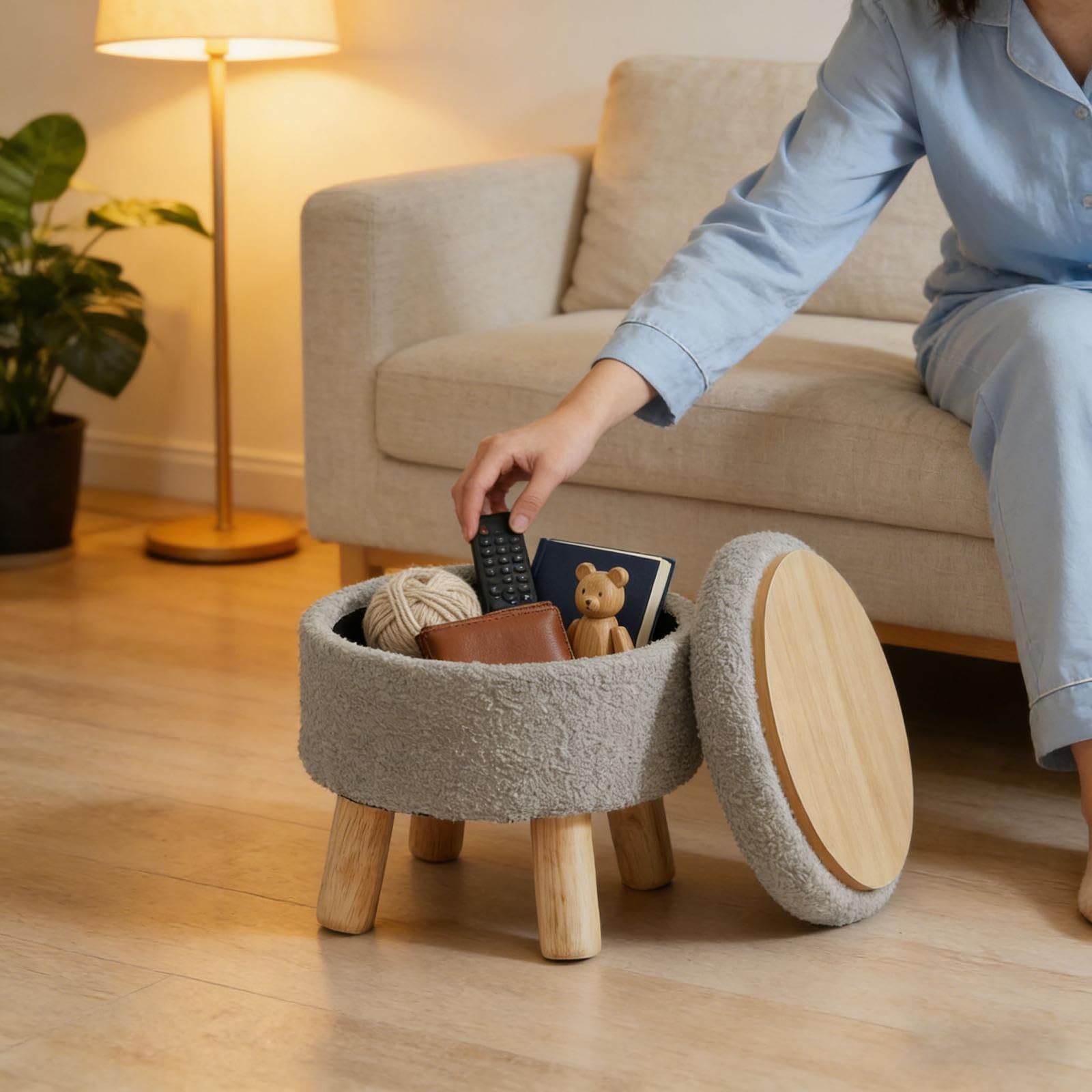 13 Inch Round Storage Stool With Lid, Teddy Fleece Footstool With Storage, Padded Pouffe With Solid Wood Legs