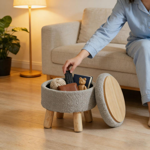13 Inch Round Storage Stool With Lid, Teddy Fleece Footstool With Storage, Padded Pouffe With Solid Wood Legs