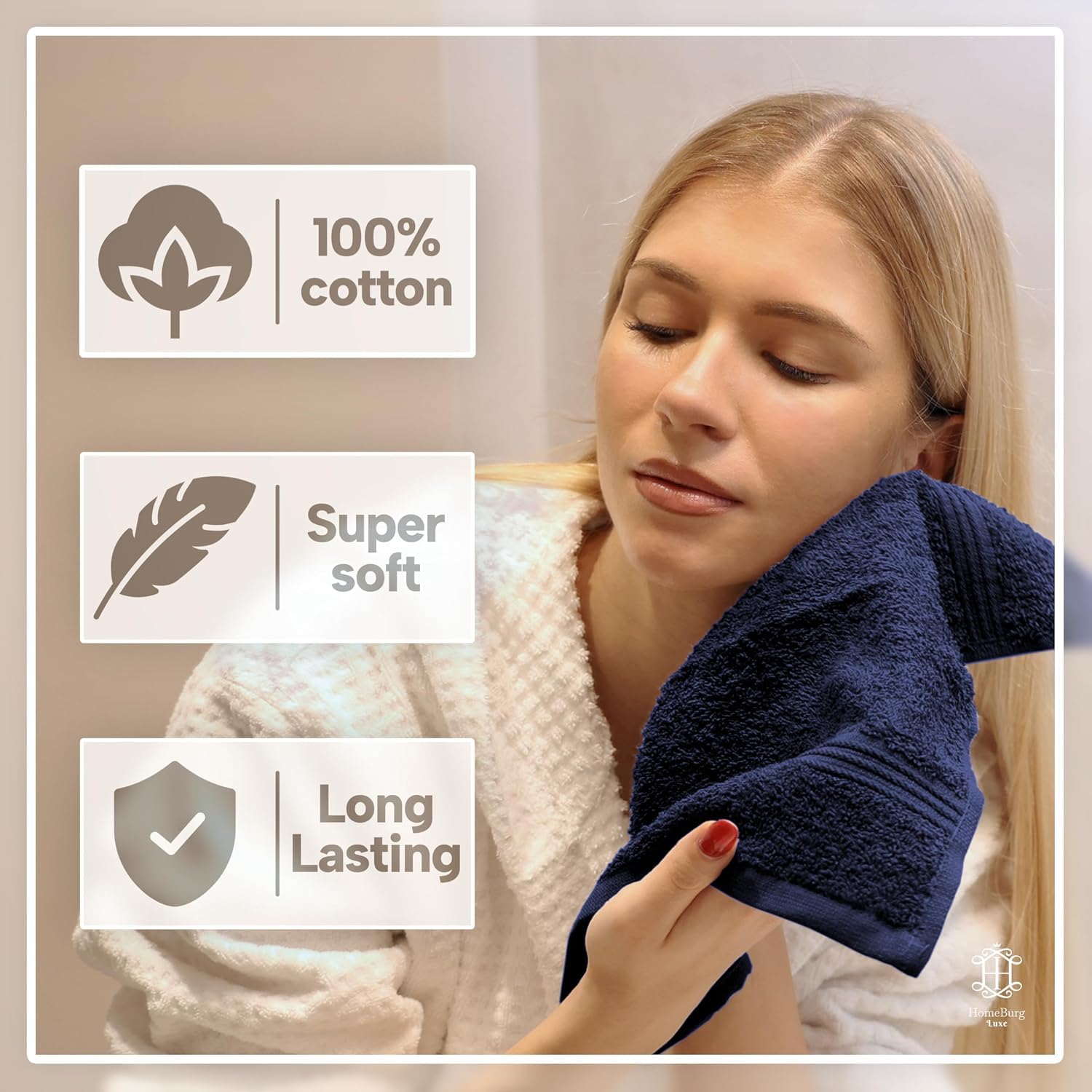 HomeBurg Luxe 12-Piece Washcloth Set - 100% Cotton, Soft & Absorbent, Easy Care, Premium Towels for Face & Daily Use, 30 x 30 cm, Navy Blue