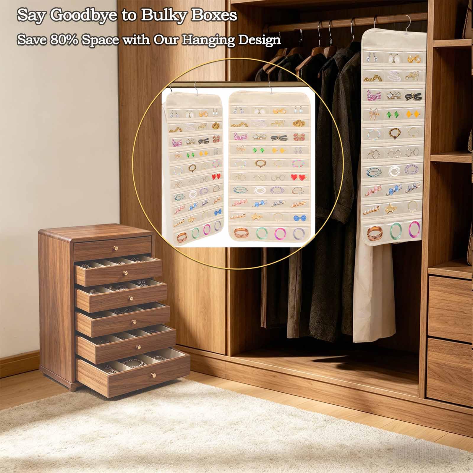 Ziyuhao Hanging Jewellery Organiser, Dual-Sided jewelry Storage Beige, 1Pcs