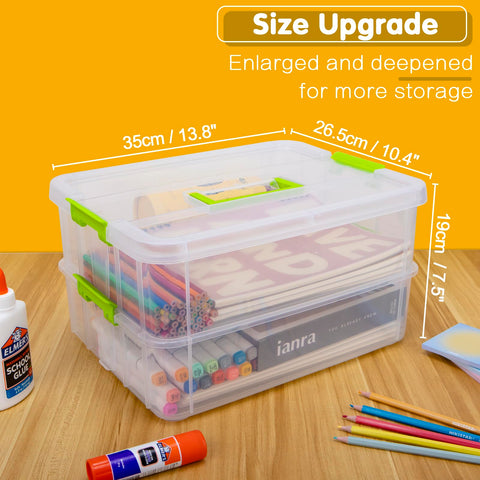 Creahaus 2 Layer Plastic Storage Containers with Lids, Multipurpose Clear Stack & Carry Box