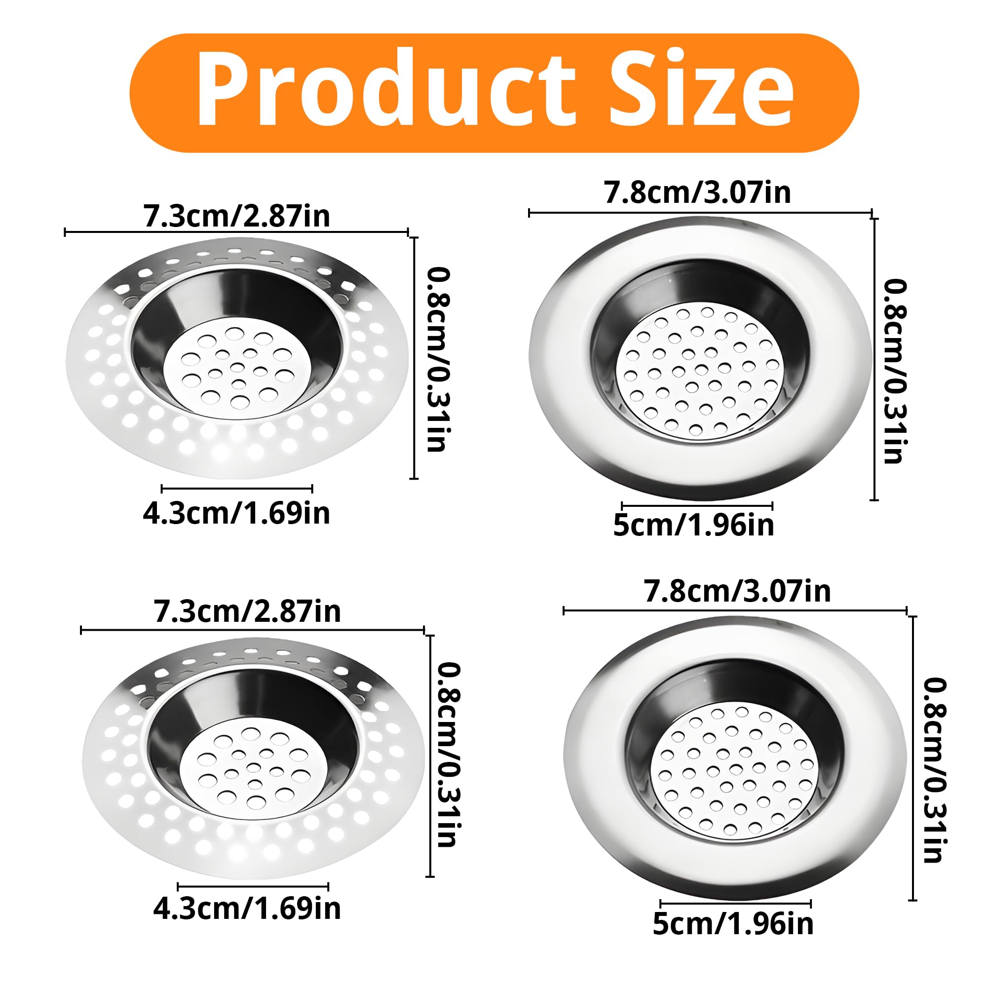 4 PCS Drain Hair Catcher, Stainless Steel Kitchen Sink Strainer Plug Shower Bathroom Plug Hole Sink Filter, Drain Protector Filter(7.3CM, 7.7CM)