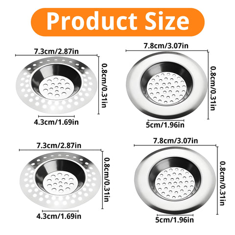 4 PCS Drain Hair Catcher, Stainless Steel Kitchen Sink Strainer Plug Shower Bathroom Plug Hole Sink Filter, Drain Protector Filter(7.3CM, 7.7CM)