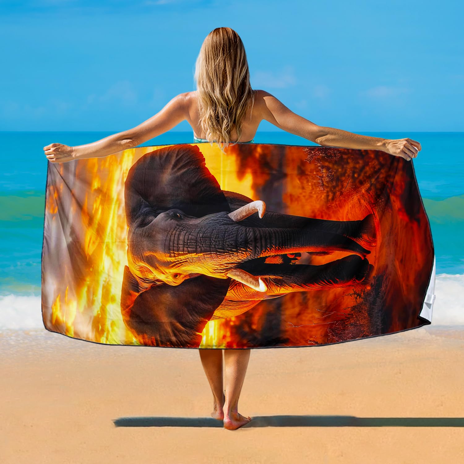 Violetpos Sunset Elephant Beach Towel, Extra Large 180x90 cm 250GSM Microfibre, Sand Free Quick Dry