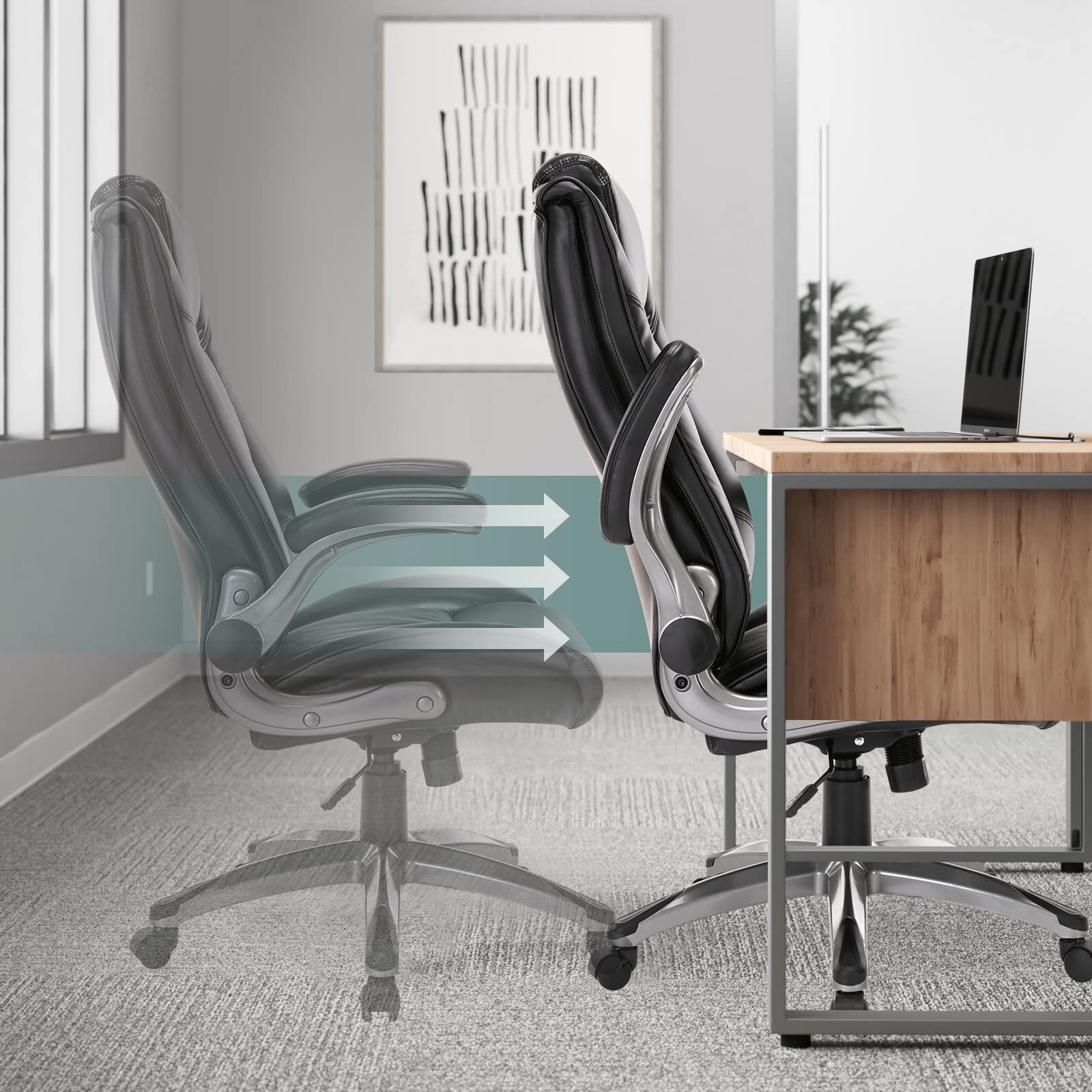 COLAMY Leather Executive Office Chair - High Back Home Computer Desk Chair with Padded Flip-up Arms, Adjustable Tilt Lock
