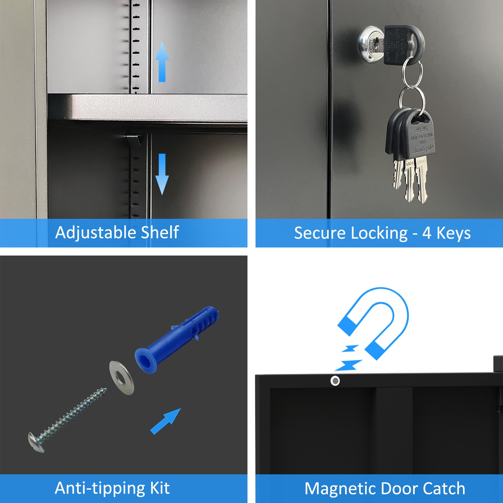 iJINGUR Metal Storage Cupboard with Locking Doors and 3 Adjustable Shelves, Lockable Steel Storage Cabinet for Home Office Garage Kitchen Pantry