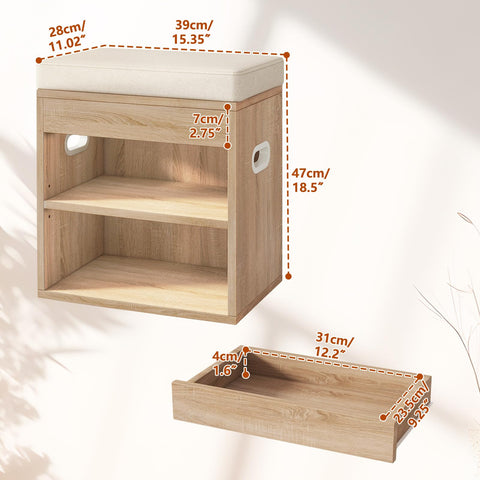 YMYNY Small Shoe Storage Bench with Cushion & Drawer, Light Natural HSC002R